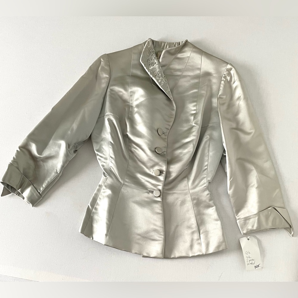 Vintage Silk Beaded Button Long Sleeve Blazer Esther Pomerantz Blue Silver Small - Picture 4 of 15